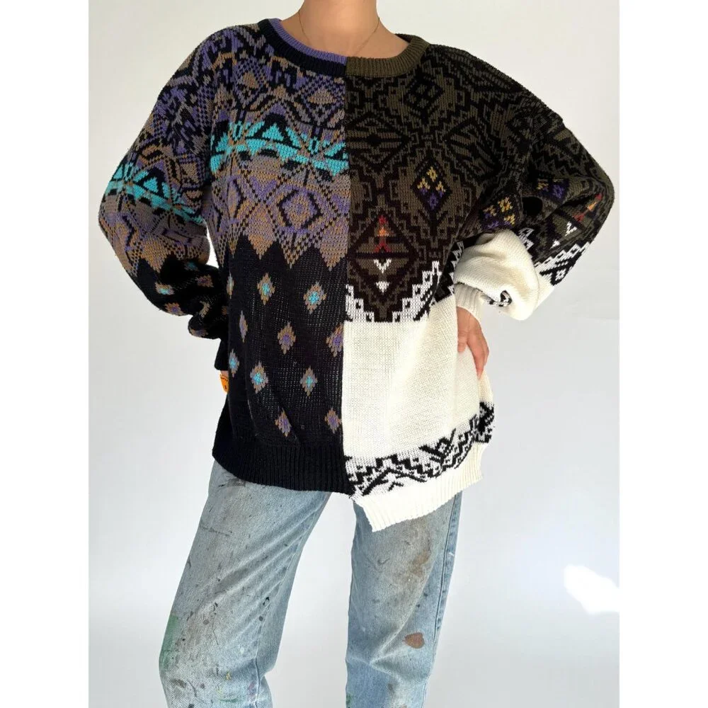 vintage reworked upcycled half and half unique split knit grandpa sweater large - Picture 3 of 9